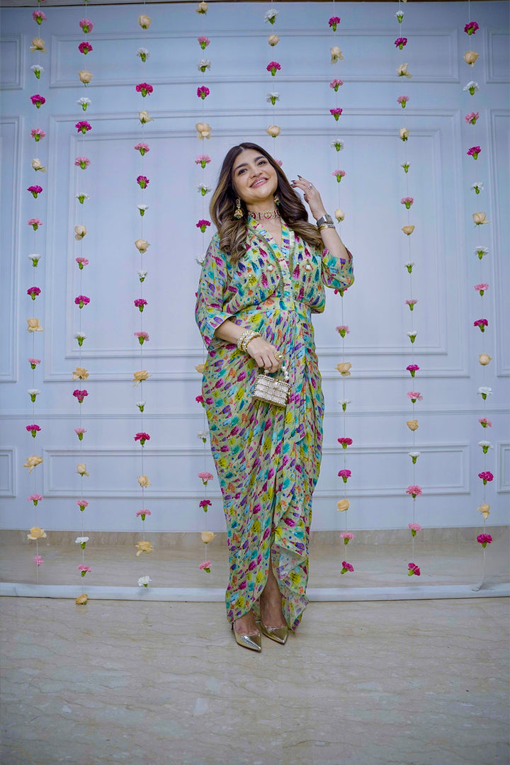 Neha Ikat Draped Dress| The Bumble Bee