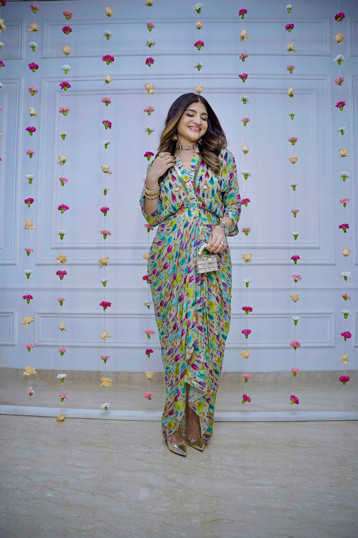Neha Ikat Draped Dress| The Bumble Bee