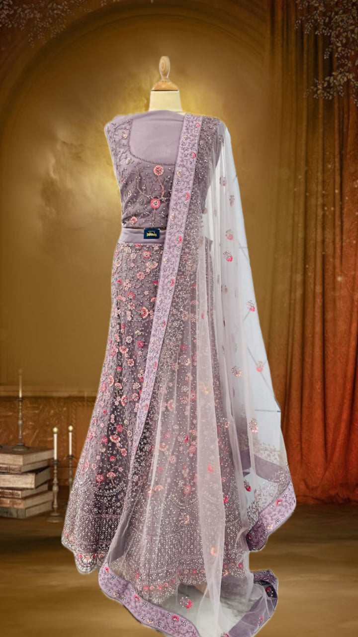 Shagun Lilac, Pink and Silver Net Lehenga (Unstitched) | House of Inaayat