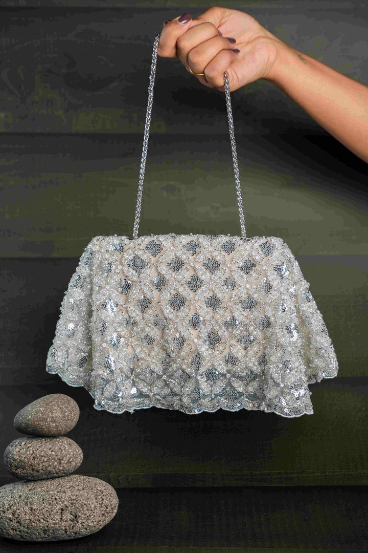 Silver & Gold Sequin & Bead Embroidered Clutch|Al Falah