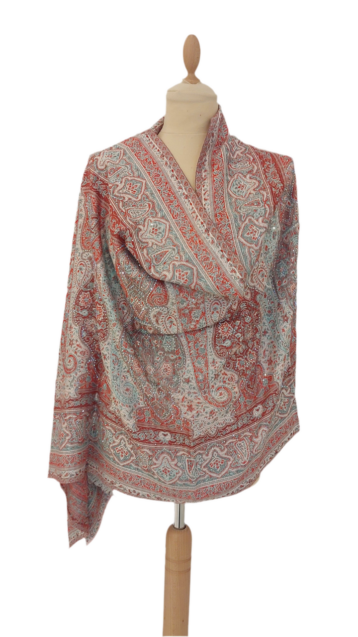 Simi Red and Turquoise Cashmere With Rhinestones Scarf