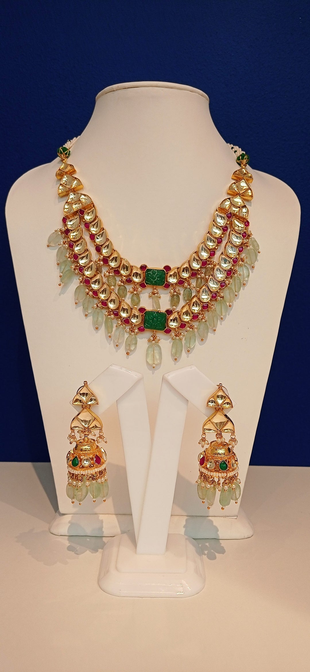 Kavya Double-Strand Kundan Polki Diamond, Ruby Red and Jade Green Necklace and Earrings Set|Inaayat by Divya Taimni