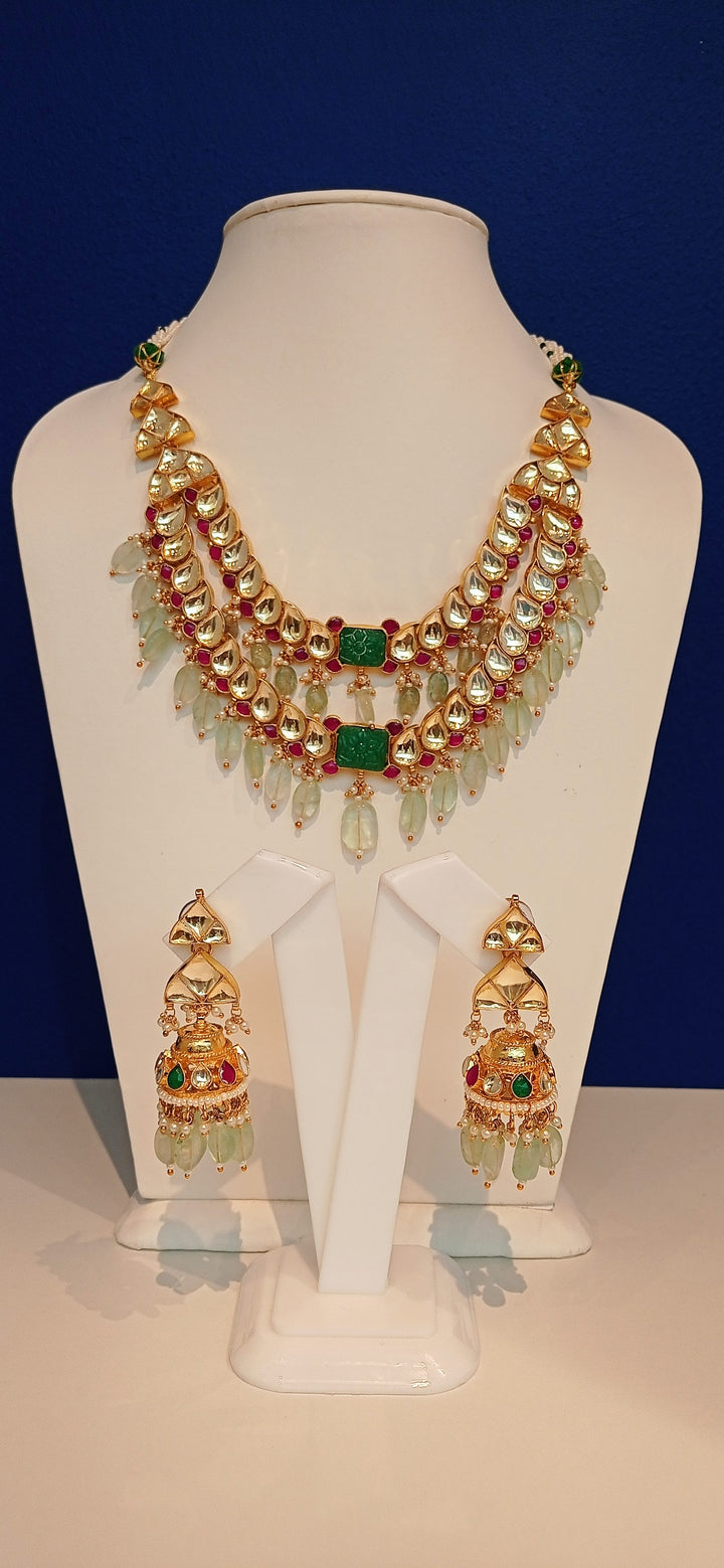 Kavya Double-Strand Kundan Polki Diamond, Ruby Red and Jade Green Necklace and Earrings Set|Inaayat by Divya Taimni