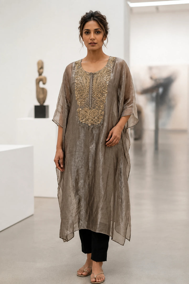 Grey Stillness Embellished Kaftan Set| Basanti Kapde Aur Koffee