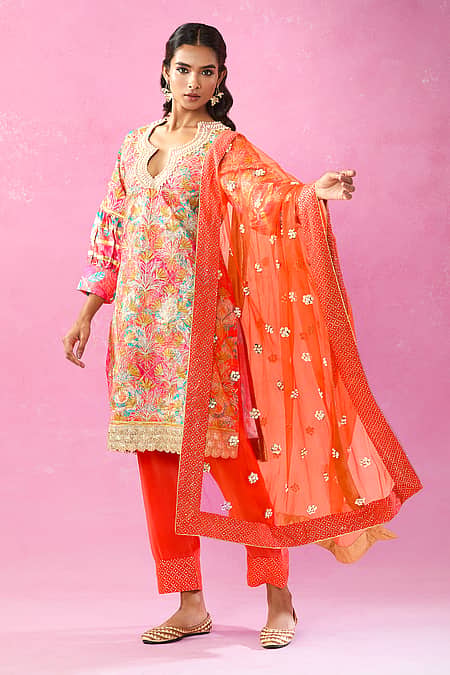 Peach Floral Embroidered Suit Set|Kuwarani Ritu