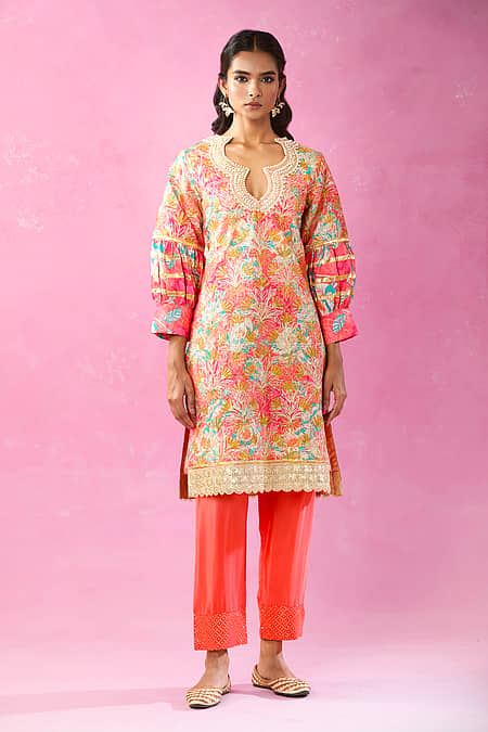 Peach Floral Embroidered Suit Set|Kuwarani Ritu