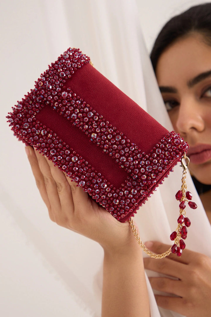 Red Velvet Beaded Clutch| Al Falah