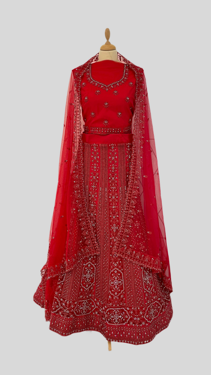 Shagun Cherry Red with Rhinestone Lehenga (Unstitched)| Inaayat by Divya Taimni