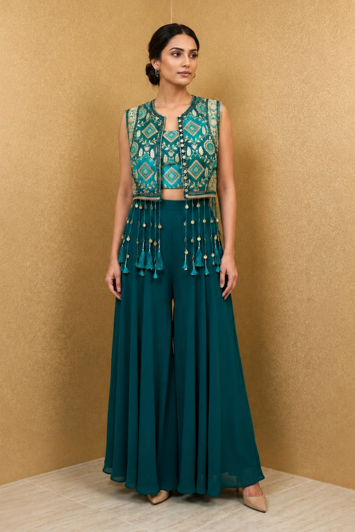 Rama Green Bandhani Gilet with Tassels, Tube and Georgette Sharara| Private Collections