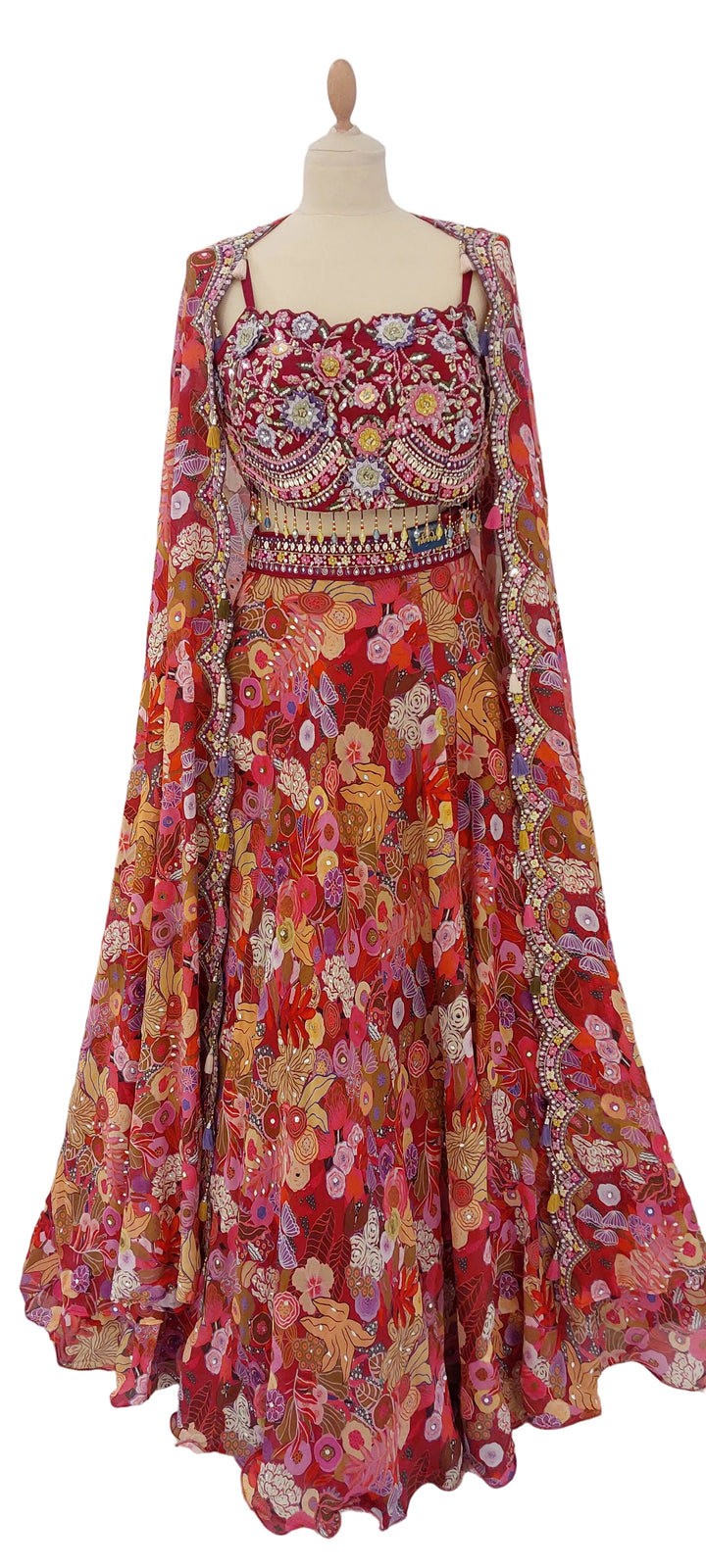Marina Bohomian Floral Red,Yellow Lehenga and Cape Set | Inaayat by Divya Taimni