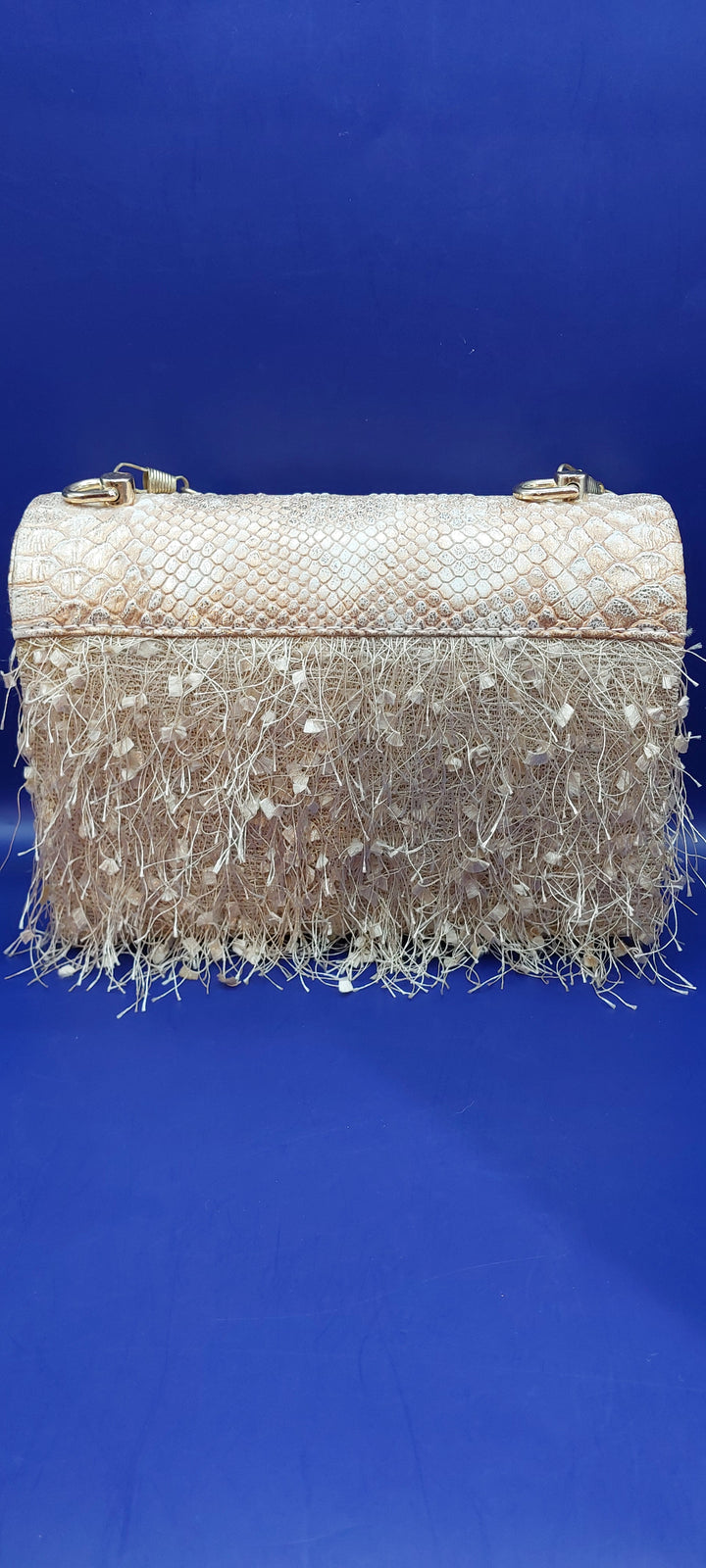 Uma Light Rose coloured Faux Snakeskin Leather with Feathers Purse | House of Inaayat