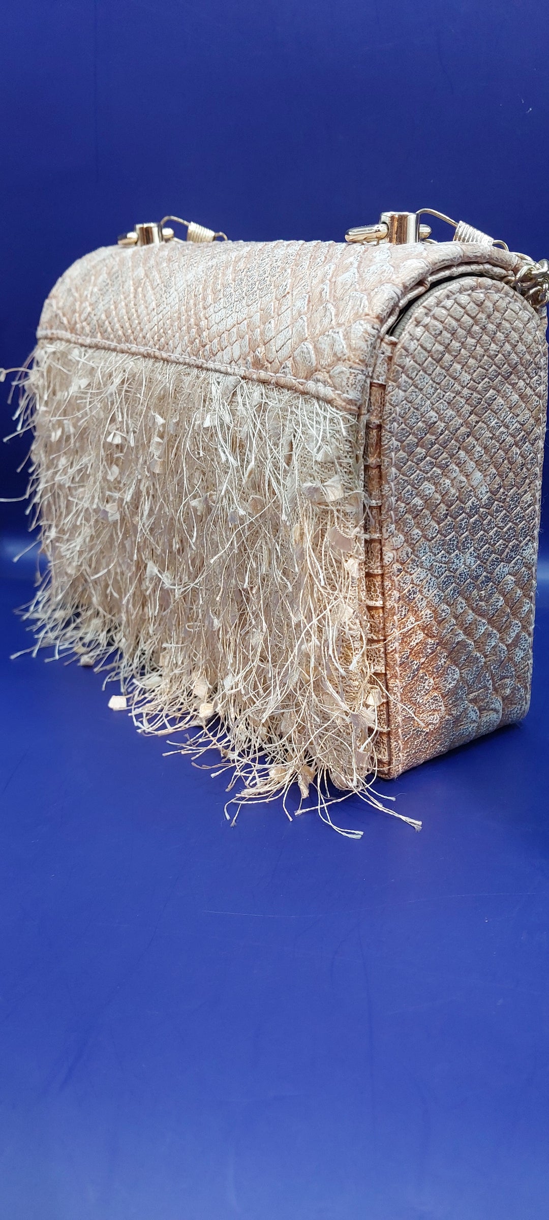Uma Light Rose coloured Faux Snakeskin Leather with Feathers Purse | House of Inaayat