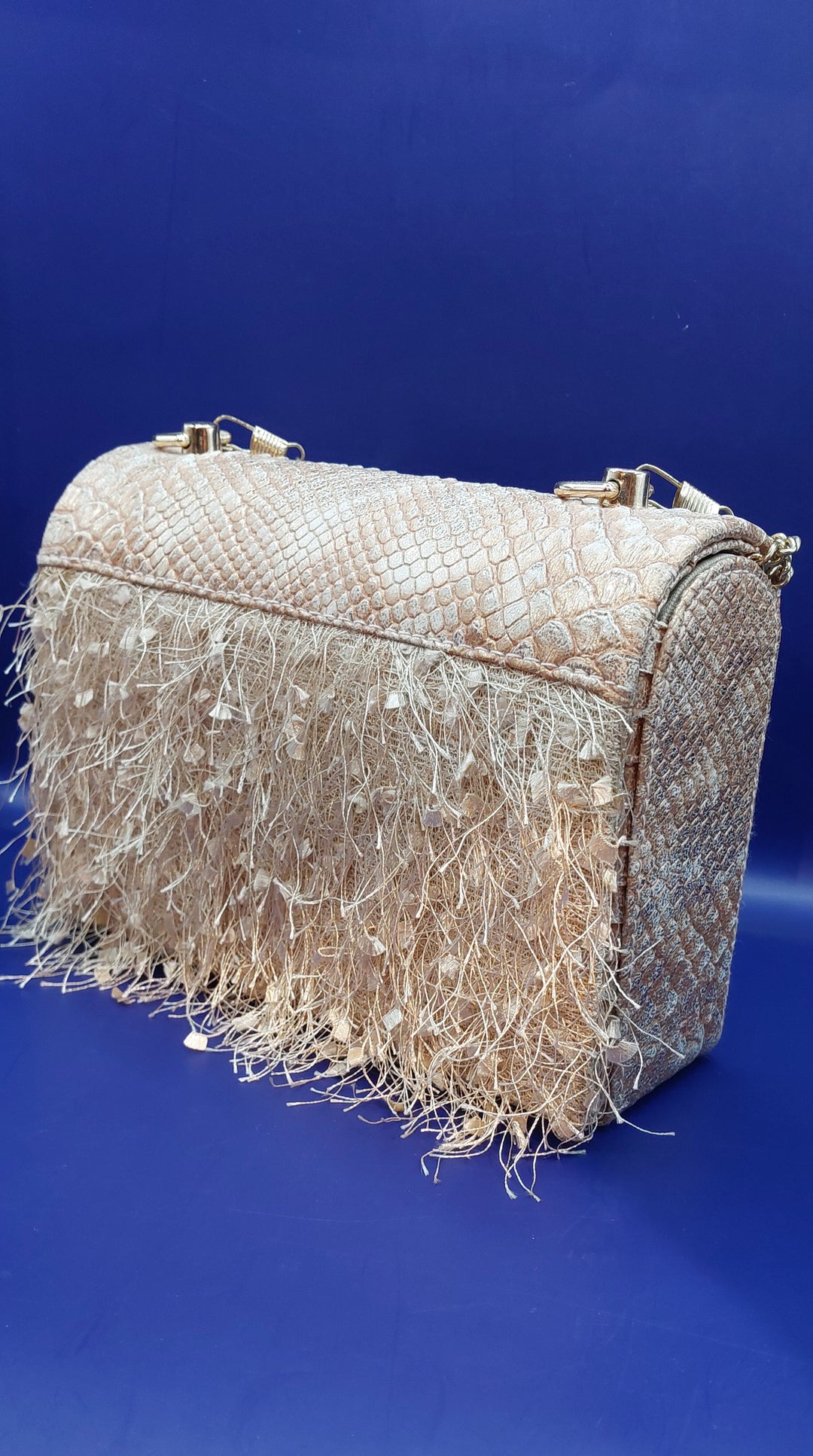 Uma Light Rose coloured Faux Snakeskin Leather with Feathers Purse | House of Inaayat