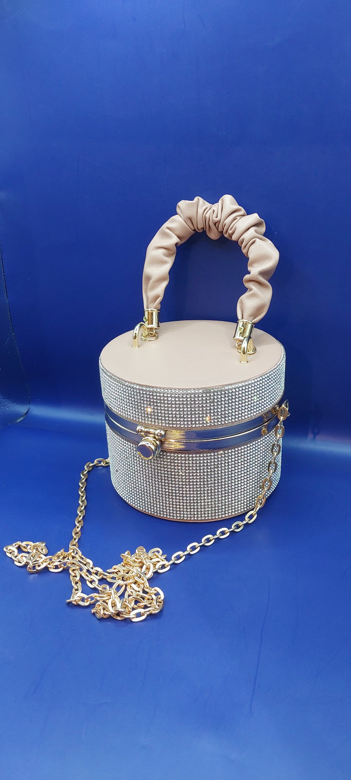Baby Pink and Silver Circular Rhinestone Mini Bucket Bag | House of Inaayat
