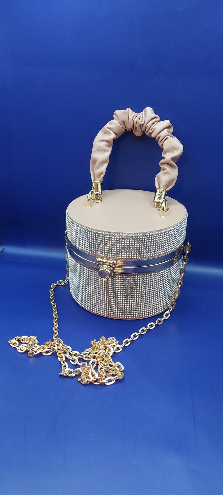 Baby Pink and Silver Circular Rhinestone Mini Bucket Bag | House of Inaayat