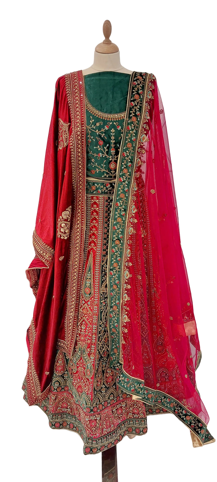 Emerald &amp; Ruby Velvet Heritage Lehenga Set | Inaayat by Divya Taimni