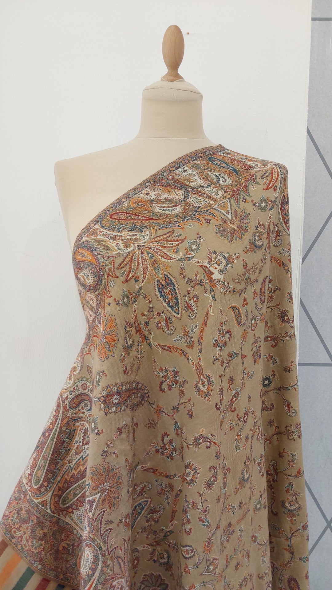 Bhoomi Beige & Turquoise Cashmere Shawl |House Of Inaayat