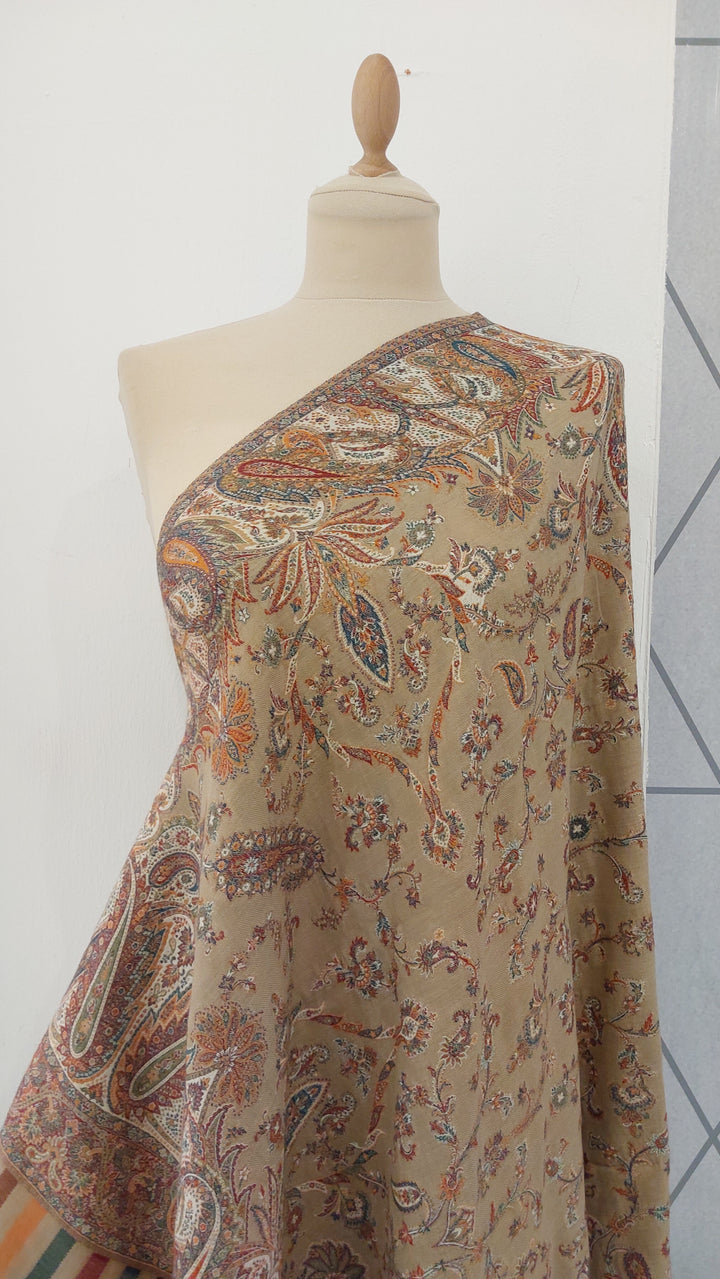 Bhoomi Beige & Turquoise Cashmere Shawl |House Of Inaayat