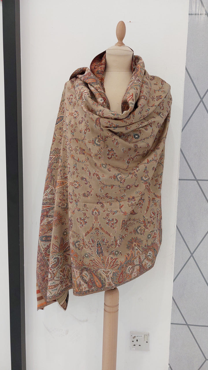 Bhoomi Beige & Turquoise Cashmere Shawl |House Of Inaayat