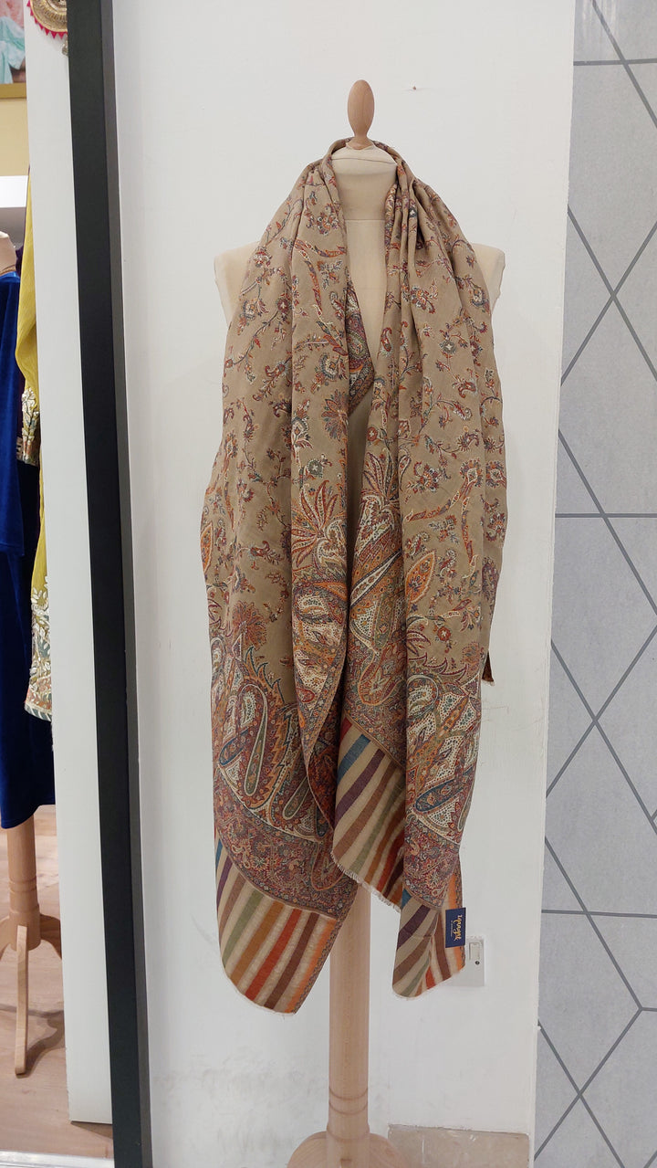 Bhoomi Beige & Turquoise Cashmere Shawl |House Of Inaayat