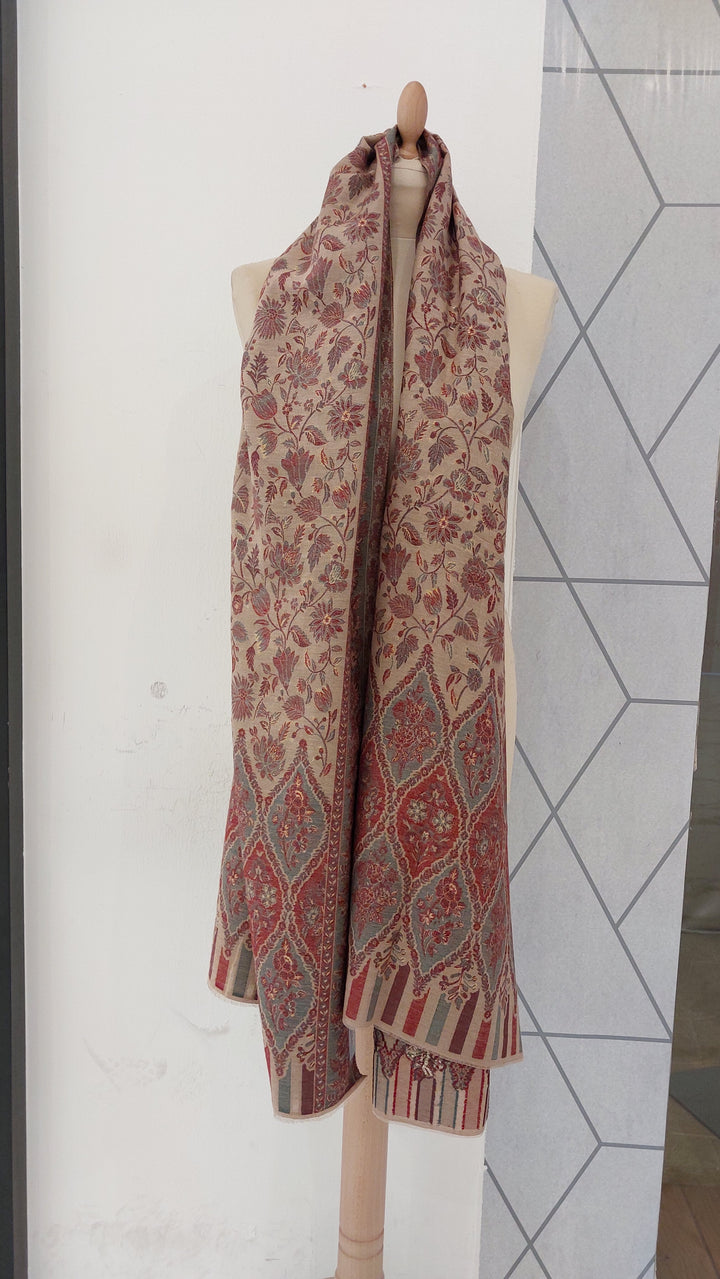 Bhoomi Beige & marrow Cashmere Shawl |House Of Inaayat