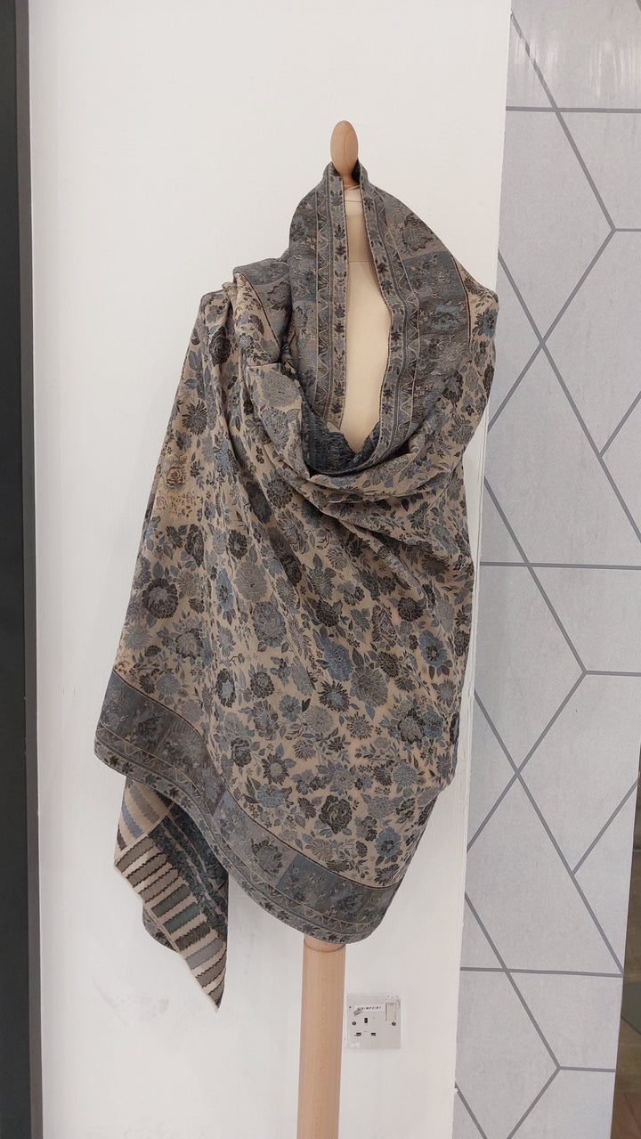 Bhoomi Grey & Blue Cashmere Shawl |House Of Inaayat
