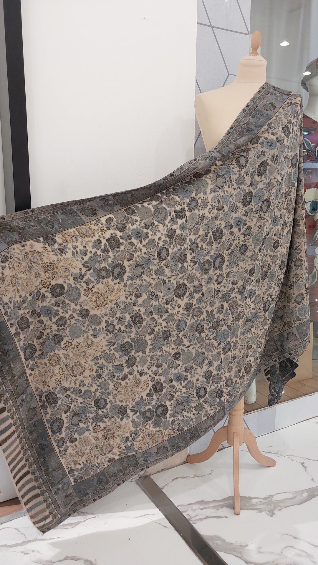 Bhoomi Grey & Blue Cashmere Shawl |House Of Inaayat