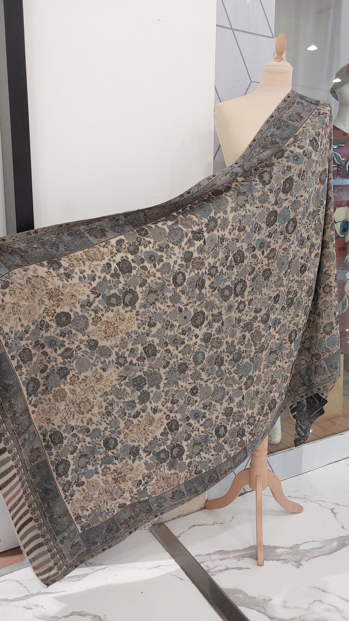 Bhoomi Grey & Blue Cashmere Shawl |House Of Inaayat