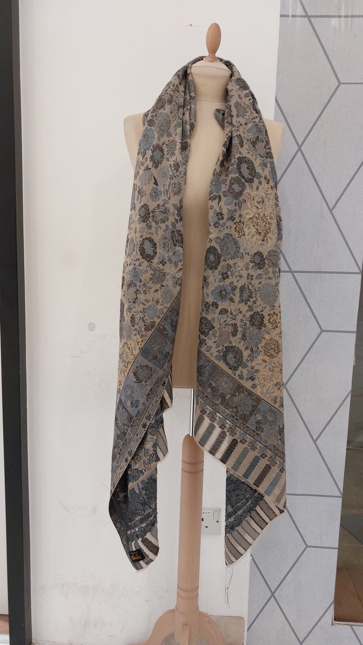 Bhoomi Grey & Blue Cashmere Shawl |House Of Inaayat
