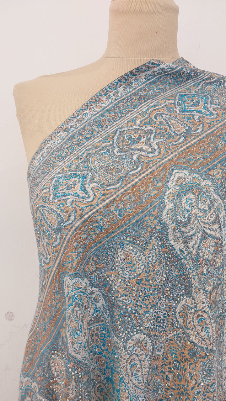 Simi Turquoise and Brown Cashmere with Rhinestones Scarf