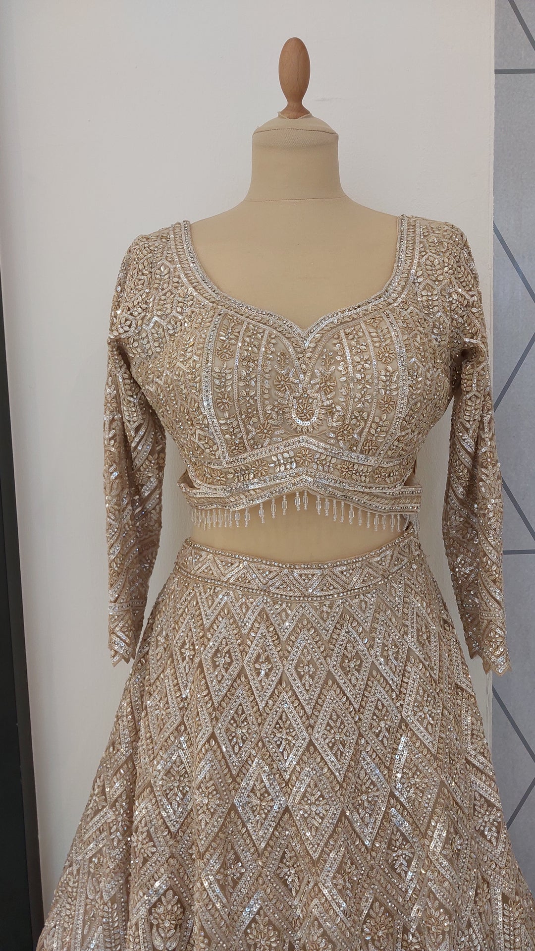 Shagun Mocha Mousse and Gold Ornately Beaded Lehenga Set | Inaayat by Divya Taimni