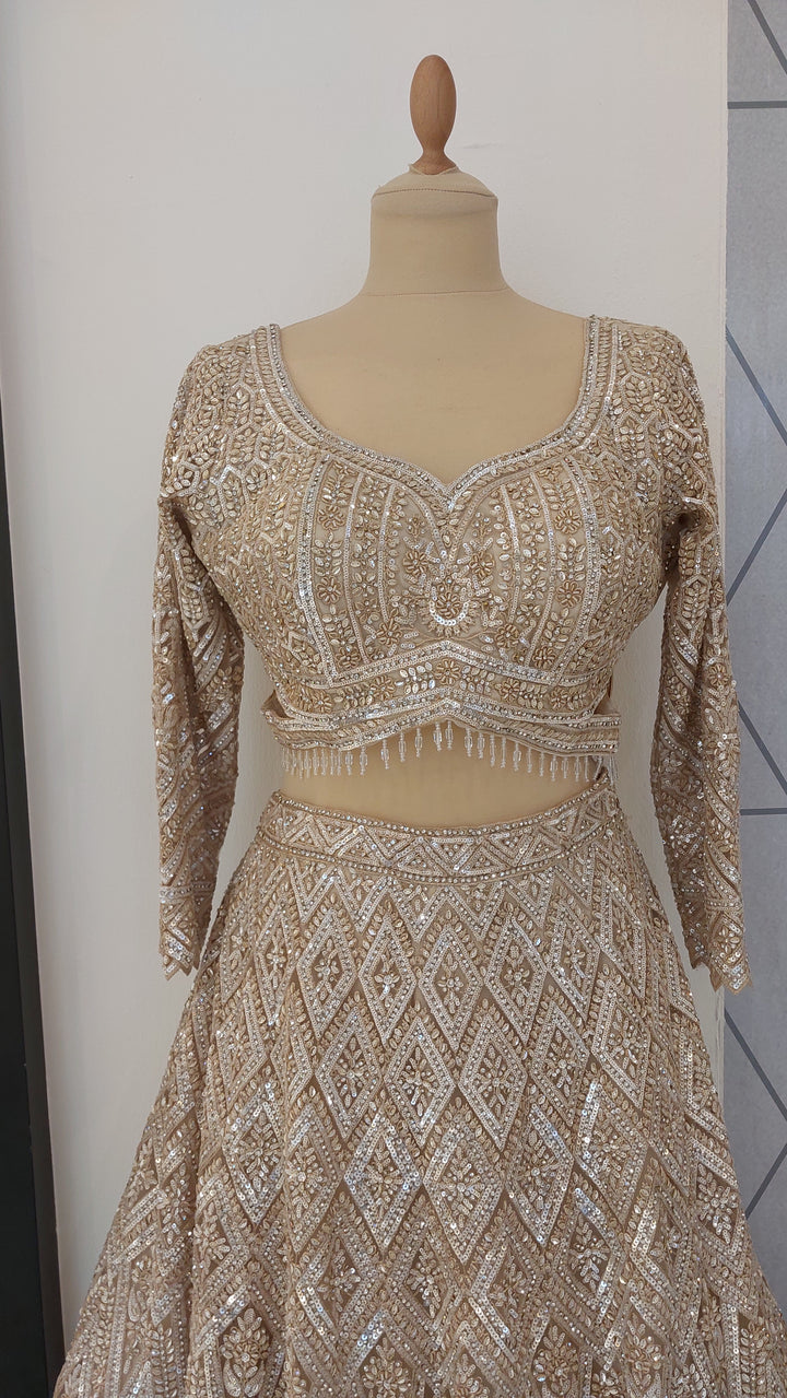 Shagun Mocha Mousse and Gold Ornately Beaded Lehenga Set | Inaayat by Divya Taimni