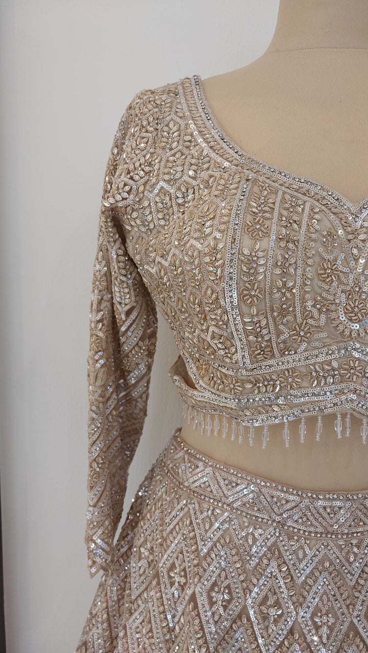 Shagun Mocha Mousse and Gold Ornately Beaded Lehenga Set | Inaayat by Divya Taimni