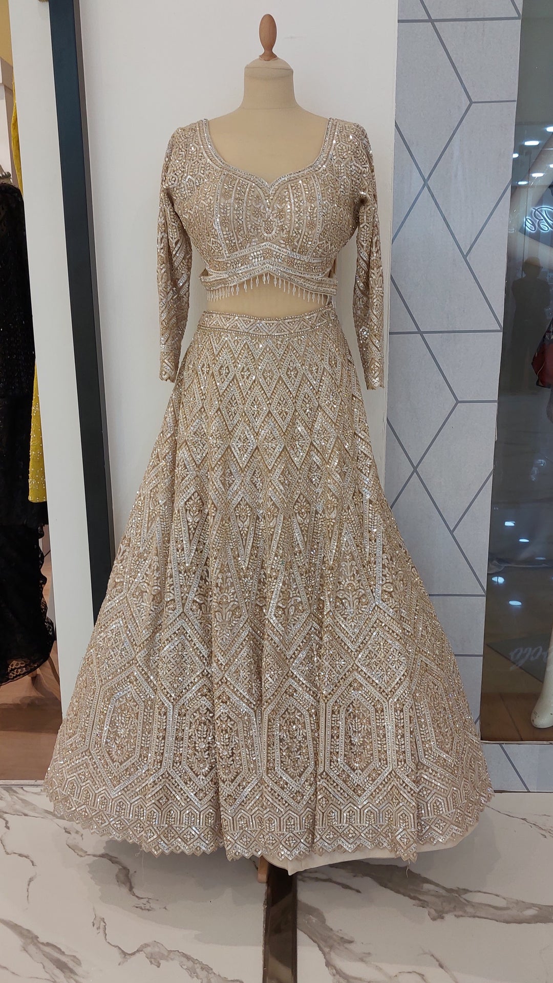 Shagun Mocha Mousse and Gold Ornately Beaded Lehenga Set | Inaayat by Divya Taimni