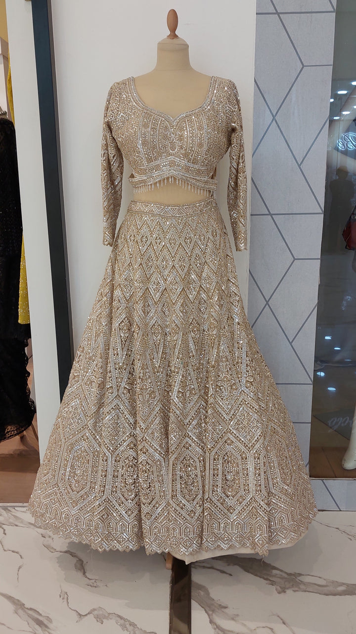 Shagun Mocha Mousse and Gold Ornately Beaded Lehenga Set | Inaayat by Divya Taimni