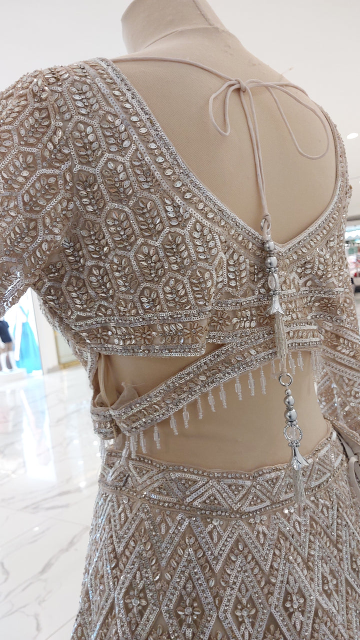 Shagun Mocha Mousse and Gold Ornately Beaded Lehenga Set | Inaayat by Divya Taimni