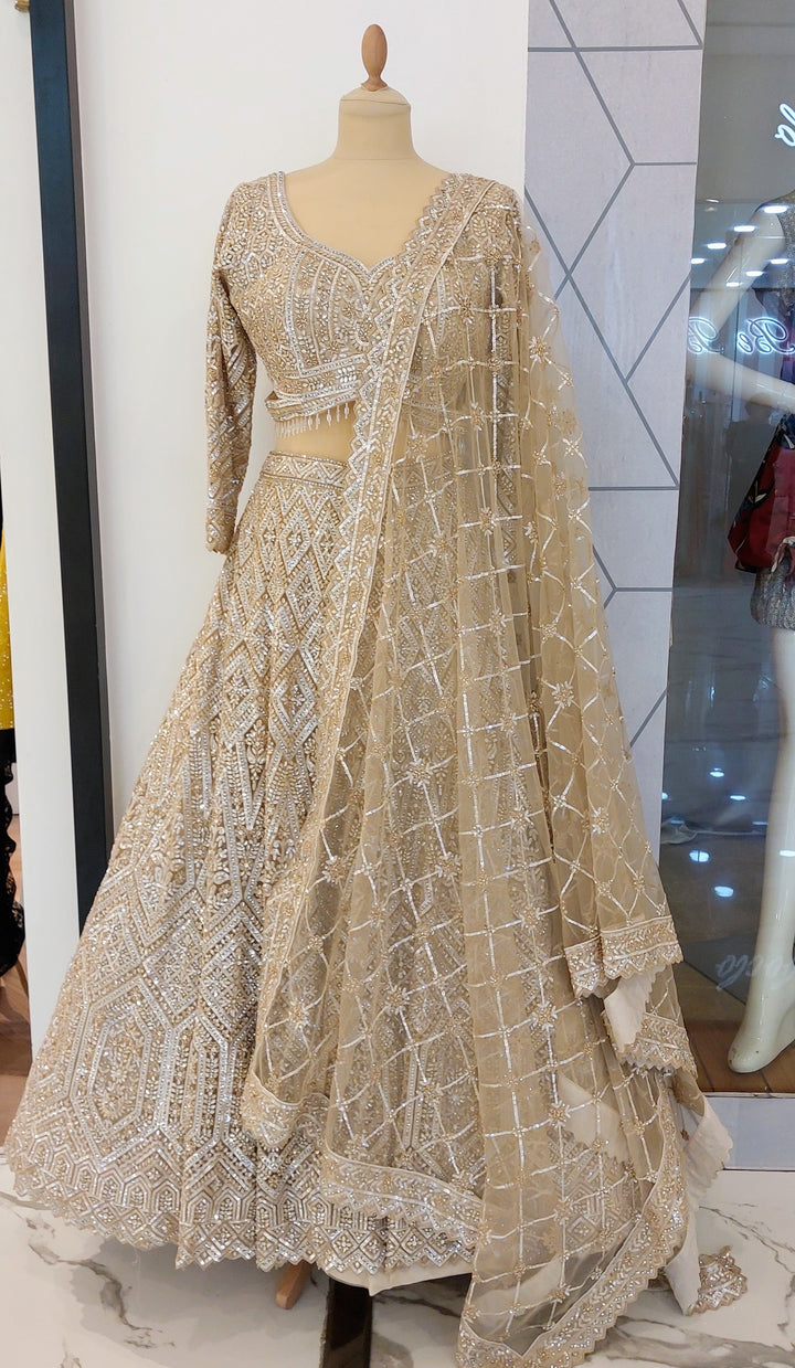 Shagun Mocha Mousse and Gold Ornately Beaded Lehenga Set | Inaayat by Divya Taimni