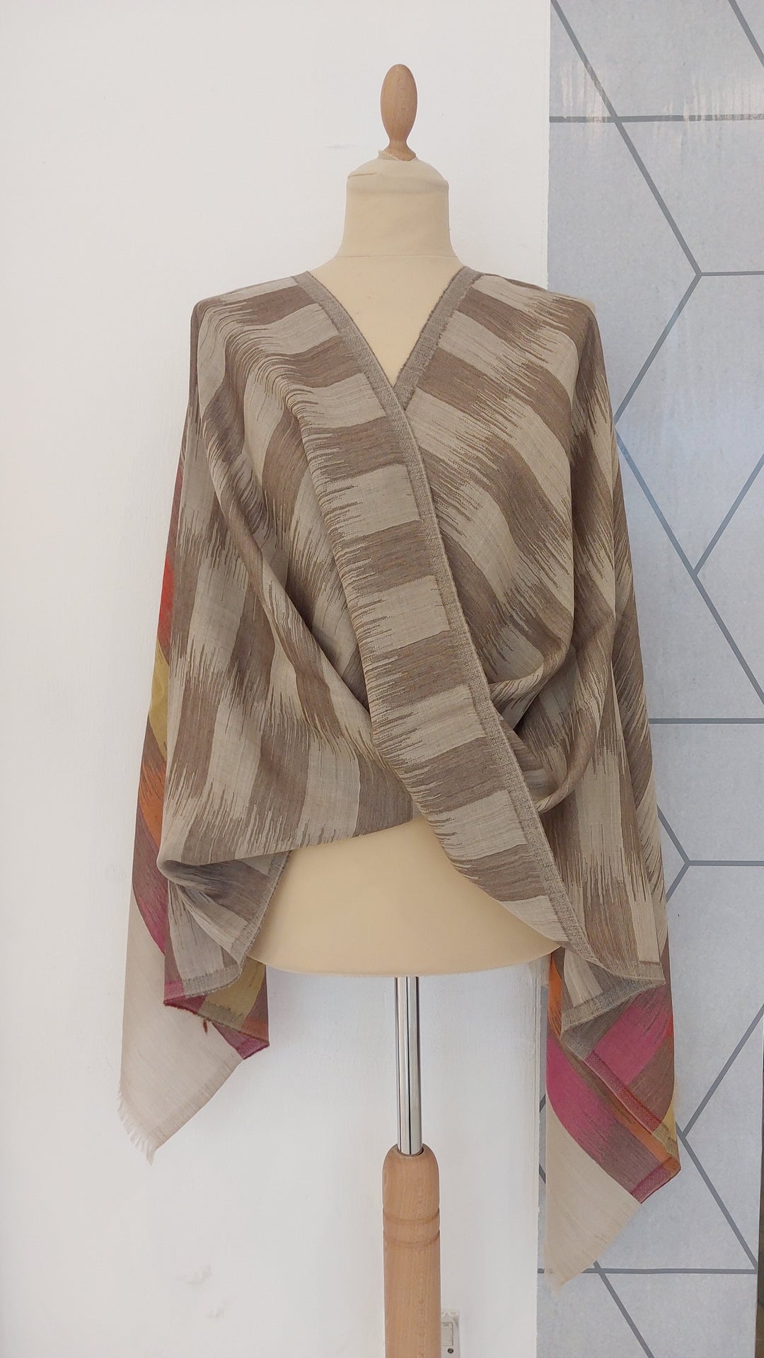 Ikat Design Cashmere Scarf in Wine Colour | House of Inaayat