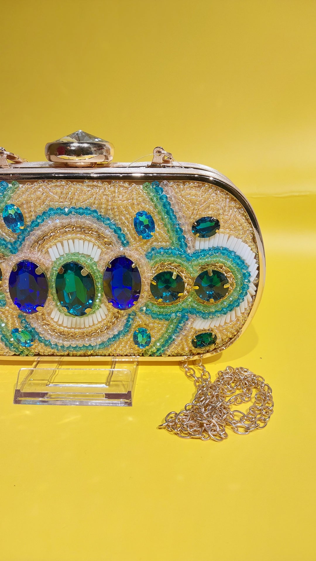 Beige Statement Clutch with Crystal & Beads purse | House of Inaayat