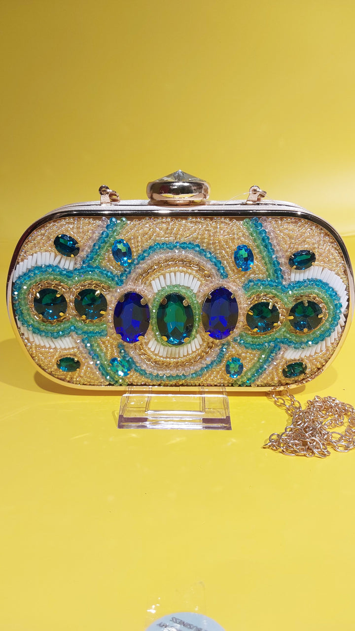 Beige Statement Clutch with Crystal & Beads purse | House of Inaayat