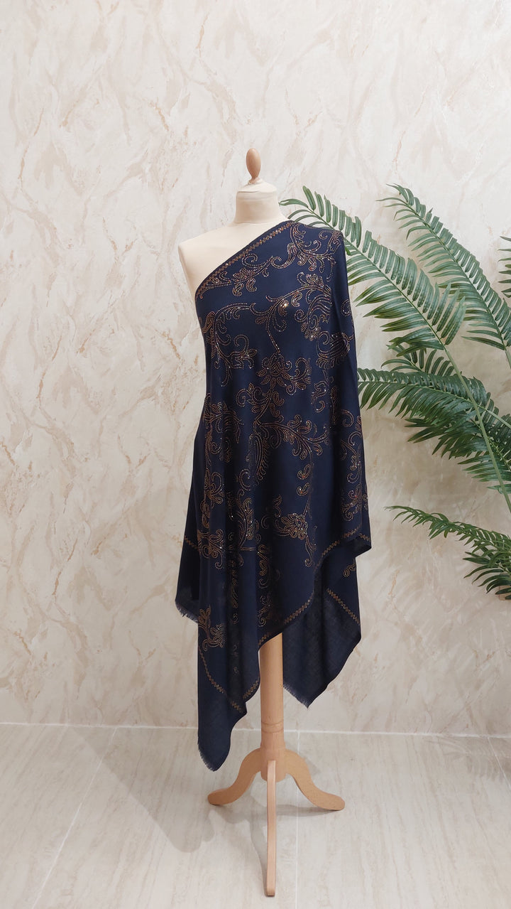 Midnight Blue Swarovski Floral Scarf |House of Inaayat