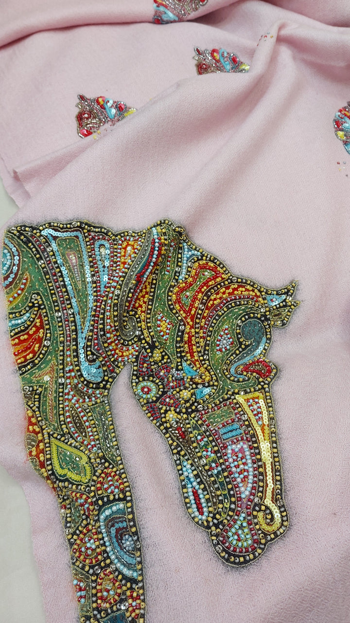 Pastel Pink Horse Motif Pashmina Scarf | House of Inaayat