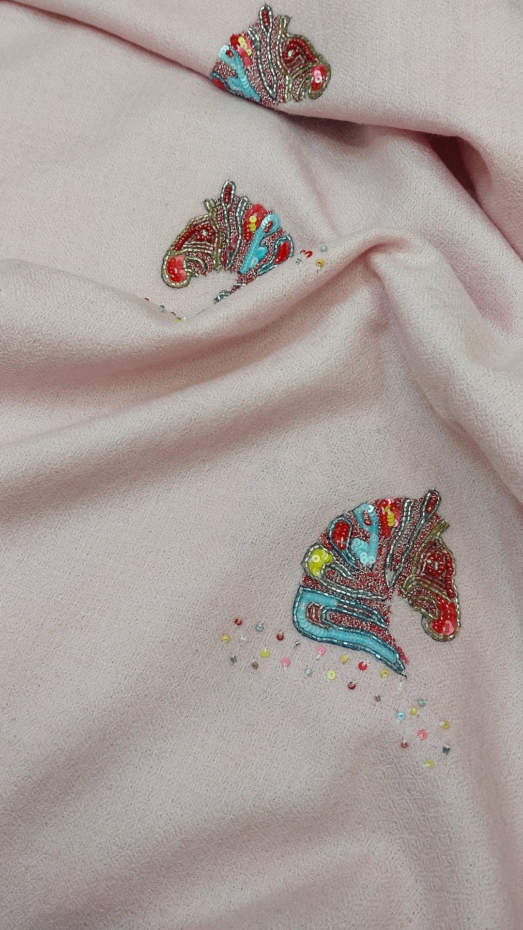 Pastel Pink Horse Motif Pashmina Scarf | House of Inaayat