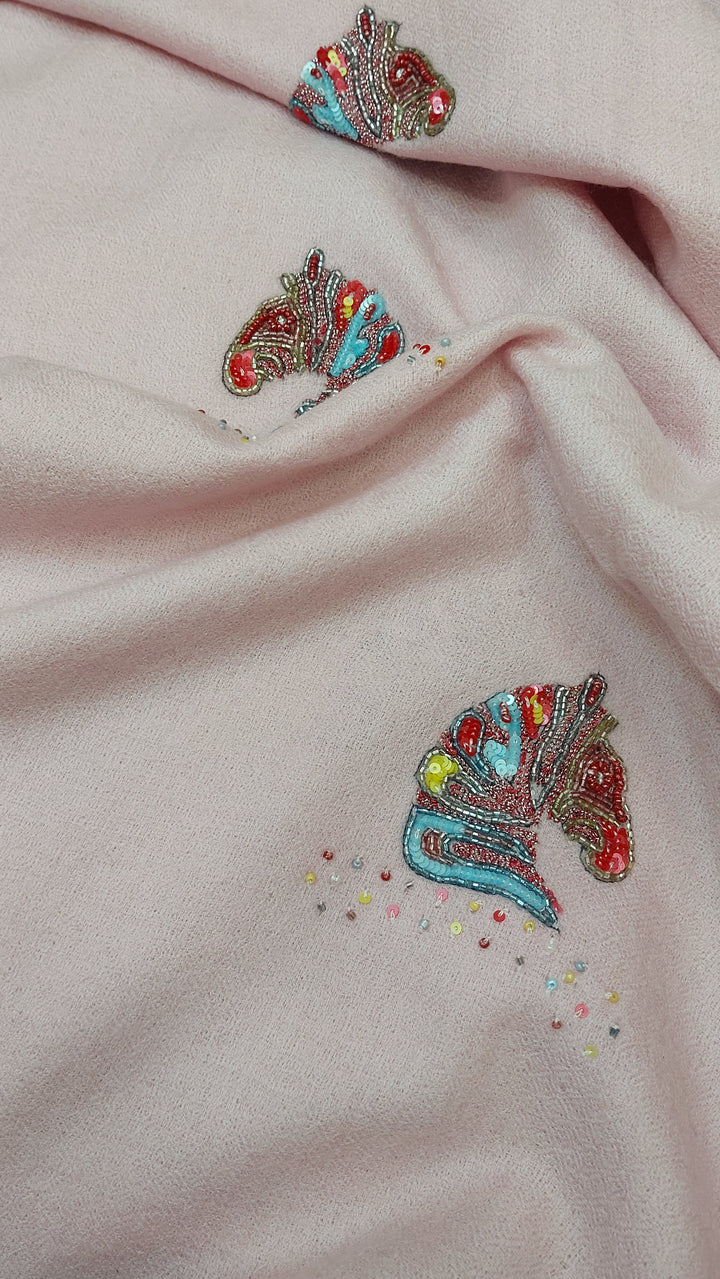 Pastel Pink Horse Motif Pashmina Scarf | House of Inaayat