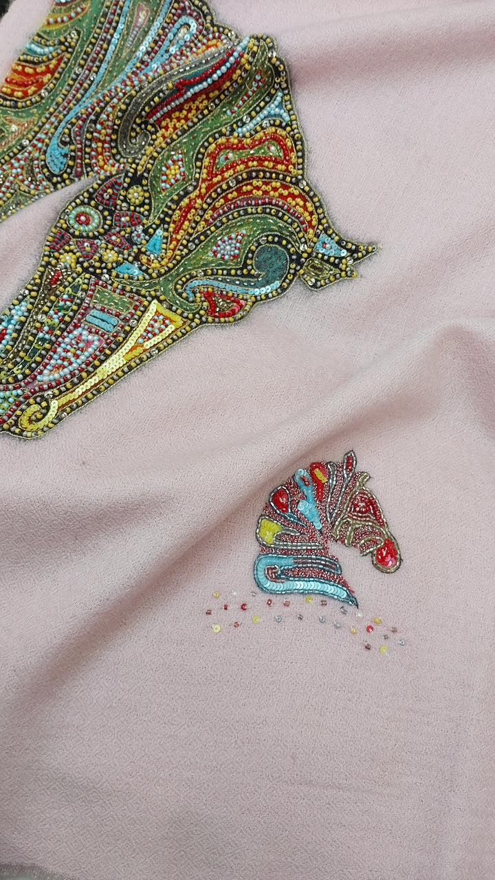 Pastel Pink Horse Motif Pashmina Scarf | House of Inaayat