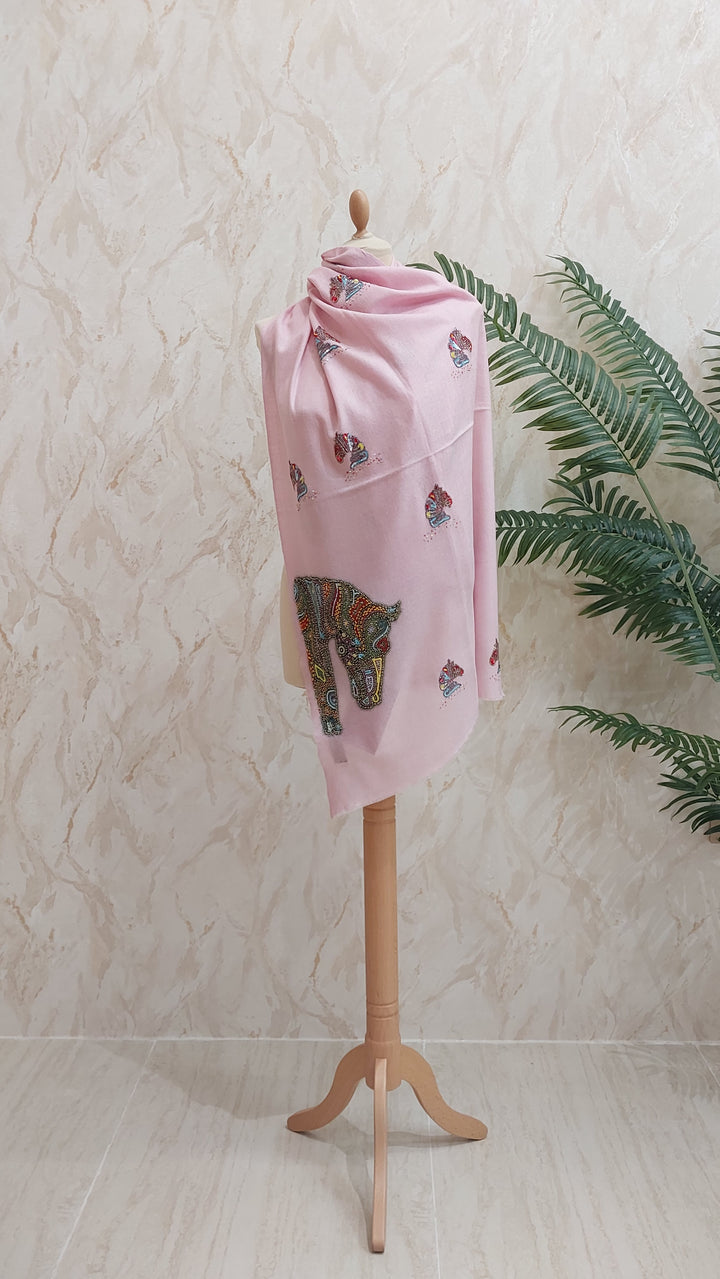 Pastel Pink Horse Motif Pashmina Scarf | House of Inaayat