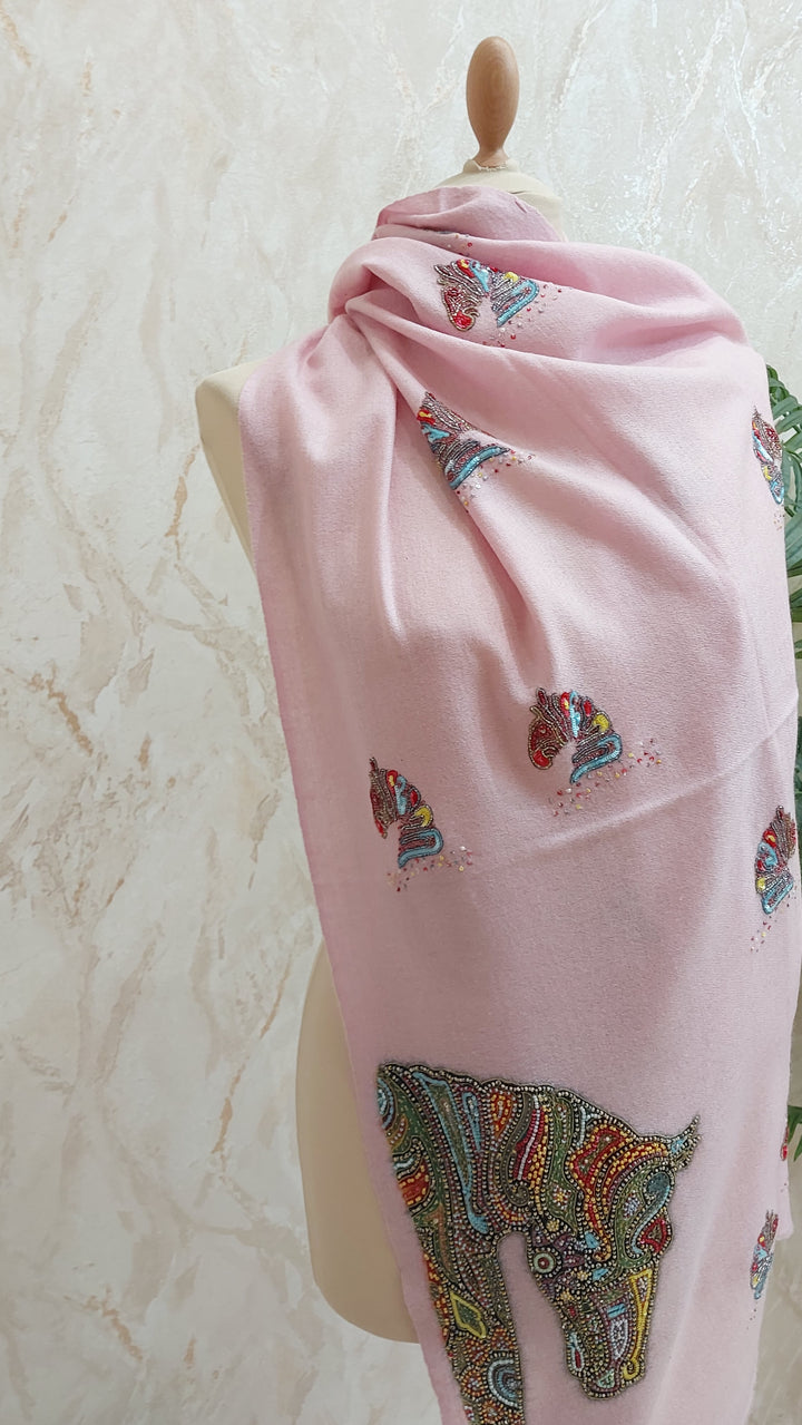 Pastel Pink Horse Motif Pashmina Scarf | House of Inaayat