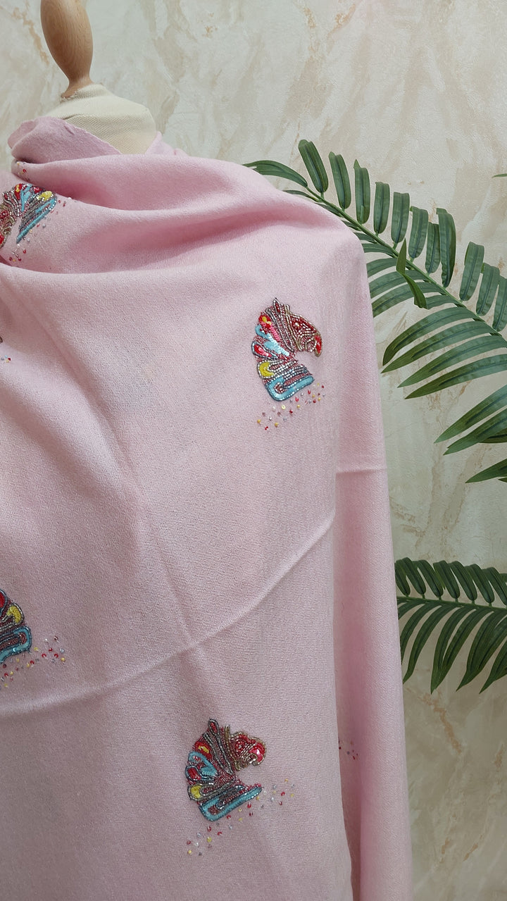 Pastel Pink Horse Motif Pashmina Scarf | House of Inaayat