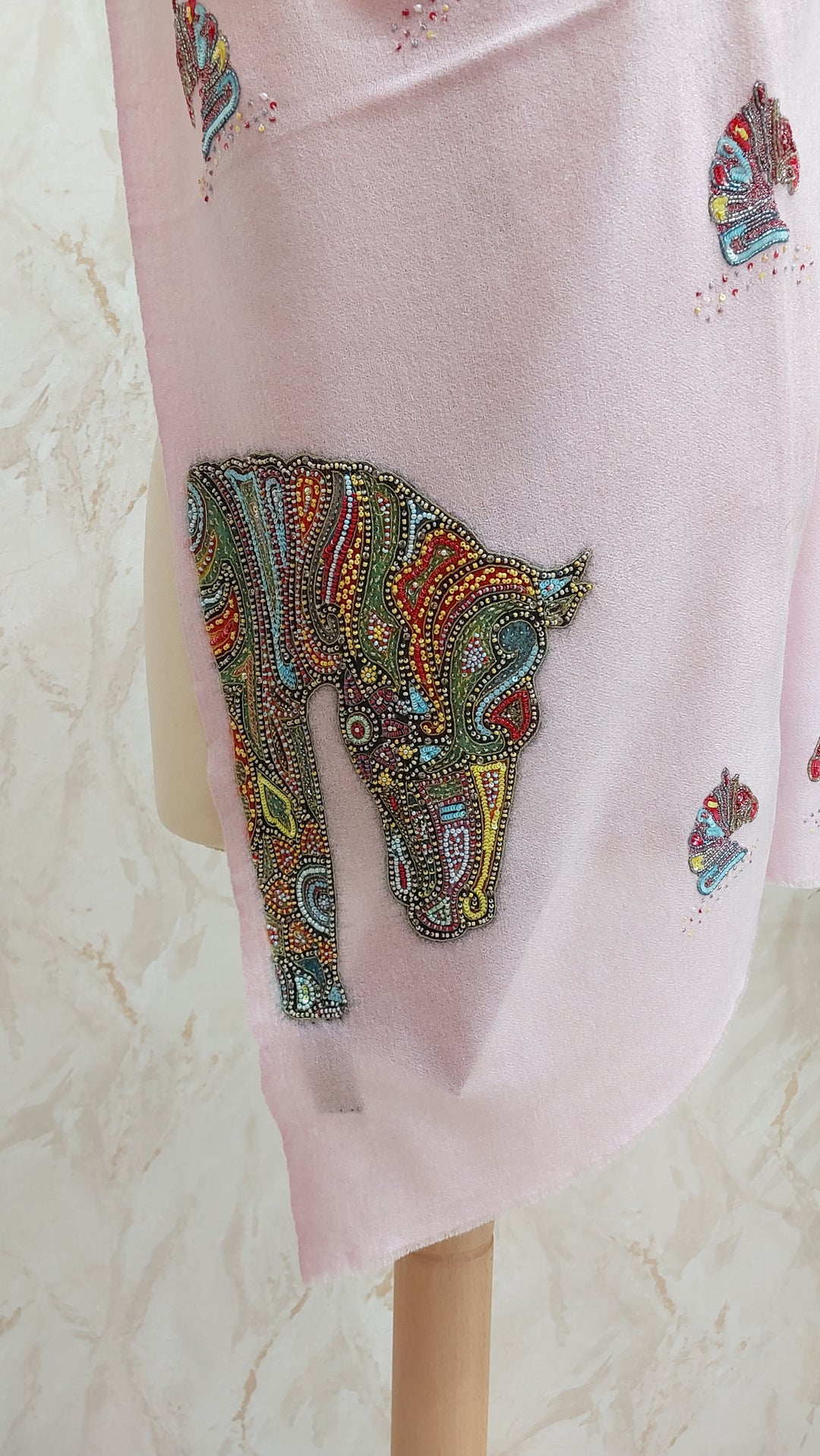Pastel Pink Horse Motif Pashmina Scarf | House of Inaayat