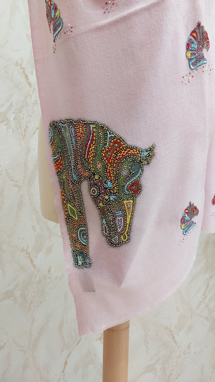 Pastel Pink Horse Motif Pashmina Scarf | House of Inaayat